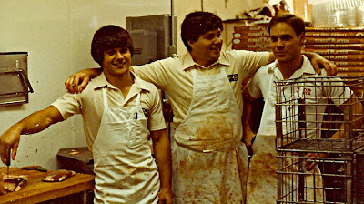 My brother DJ (left), Jimbo and I (right) in the meat room, early 1980's.