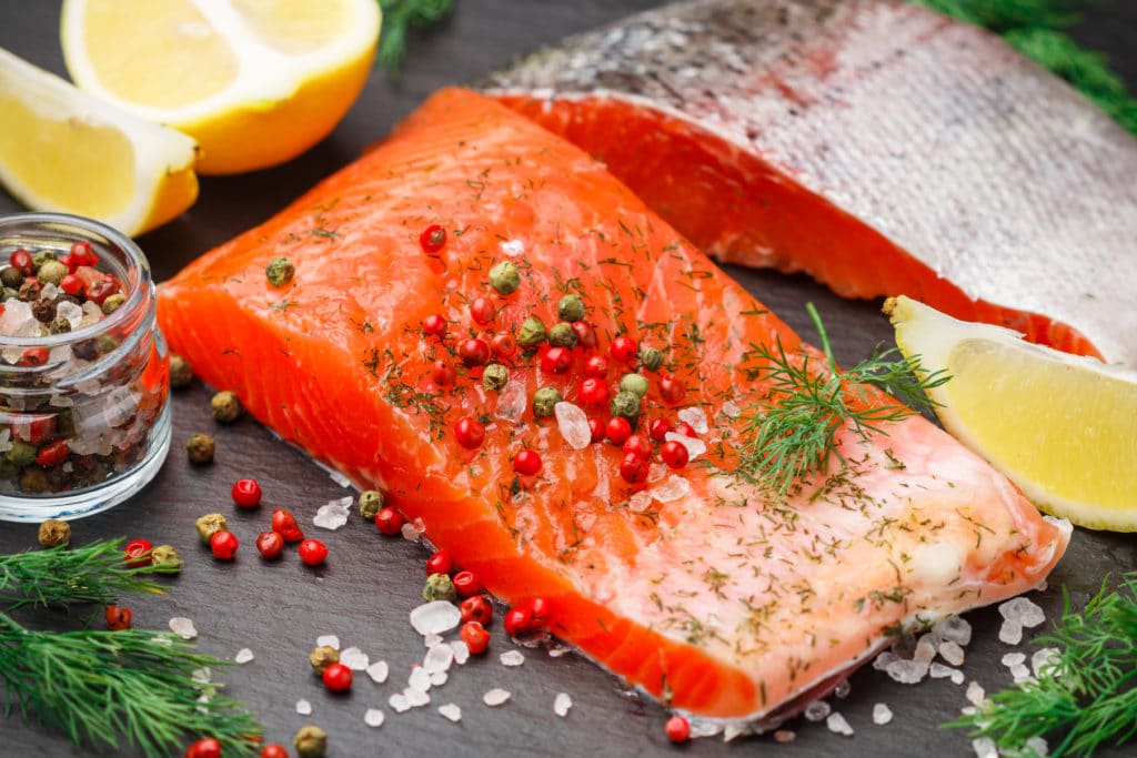 Delicious Salted Salmon With Spices, Lemon And Dill. Fish. Seafood 